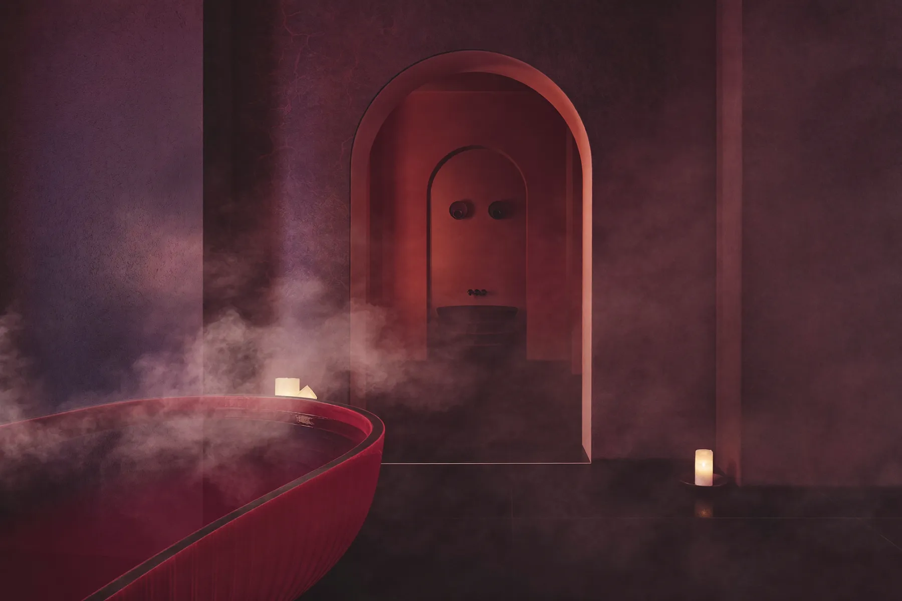 Intérieur de spa feutré avec vapeur, bain de vin et arche de hammam