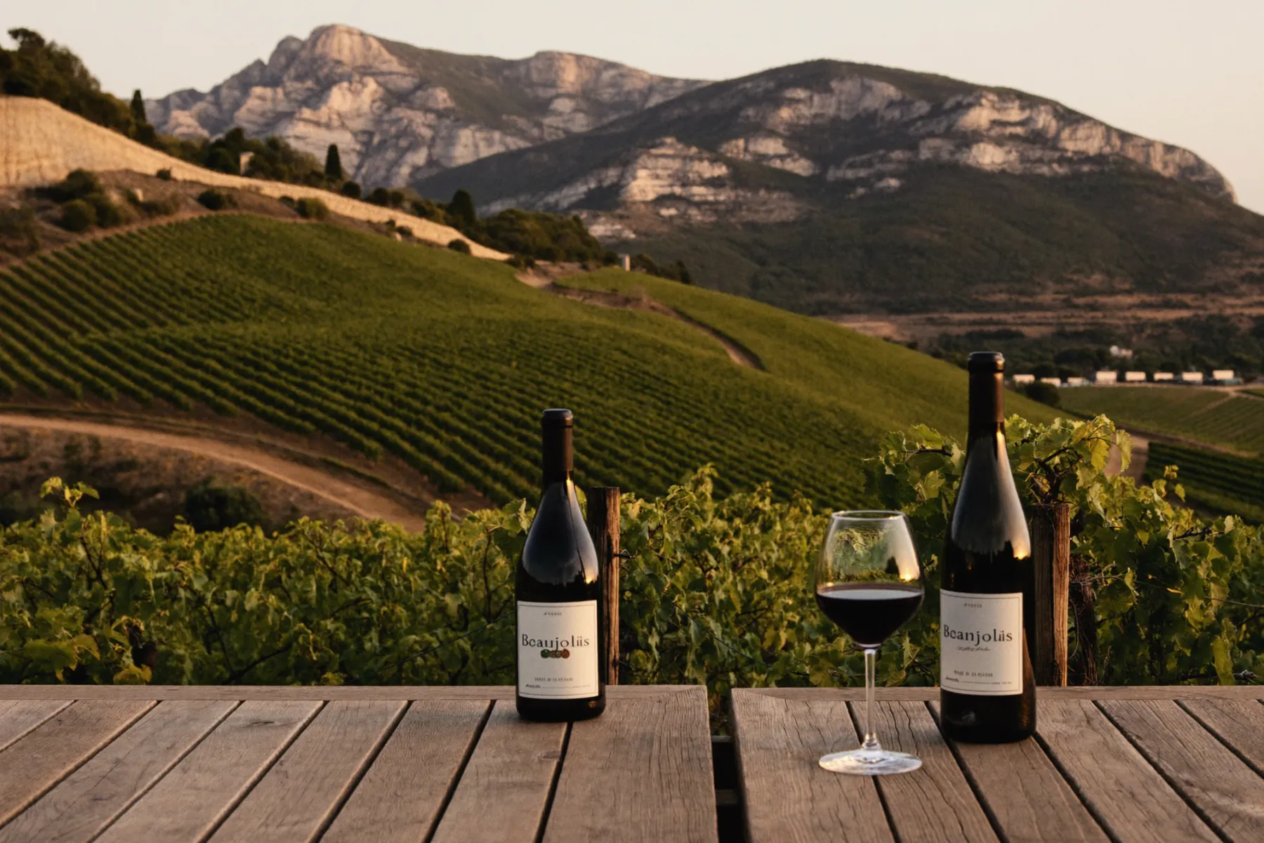 Vignoble du Beaujolais au soleil couchant, bouteille et verre de vin rouge