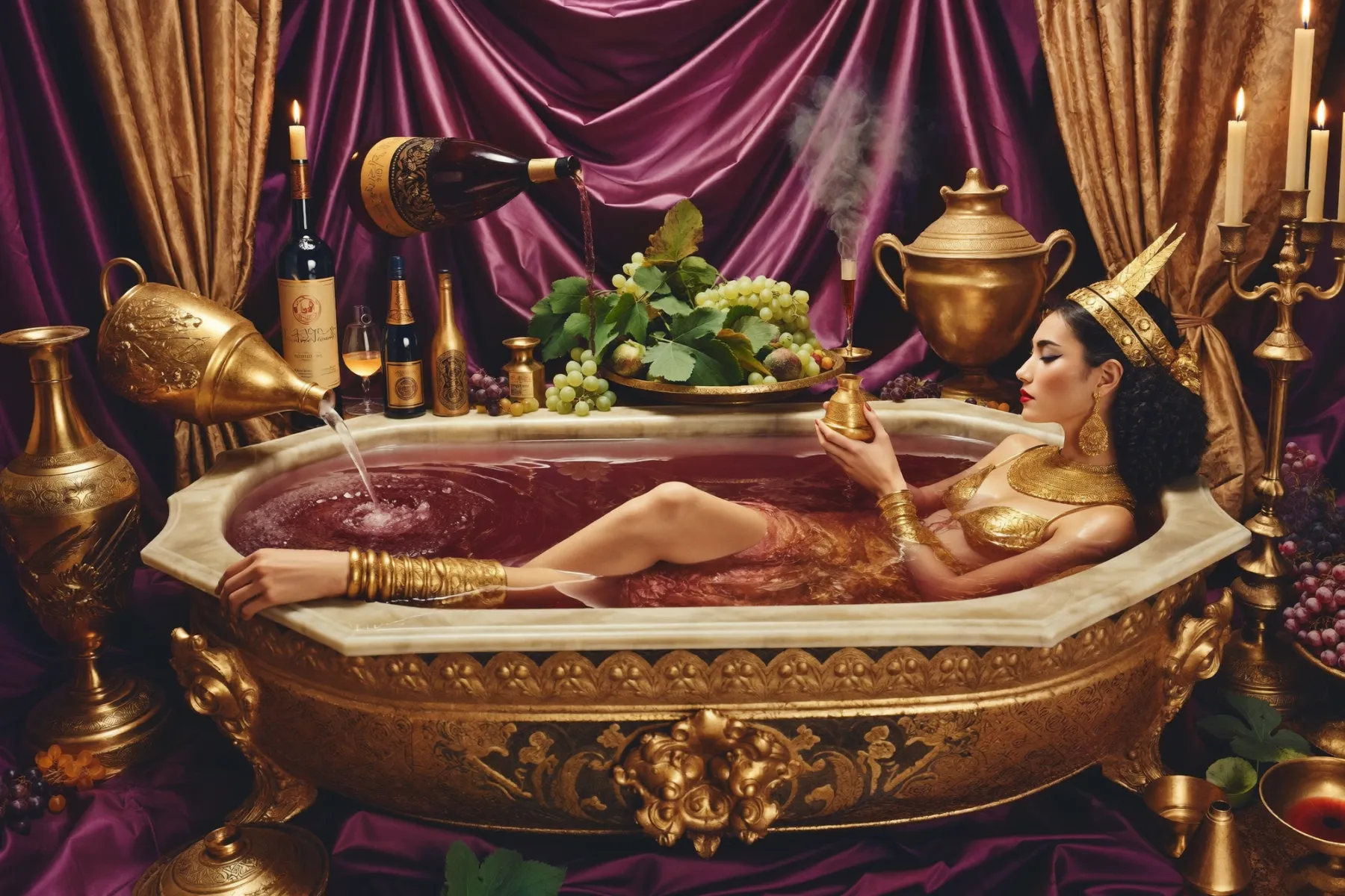 Scène évoquant Cléopâtre dans un bain de vin, ambiance dorée et opulente