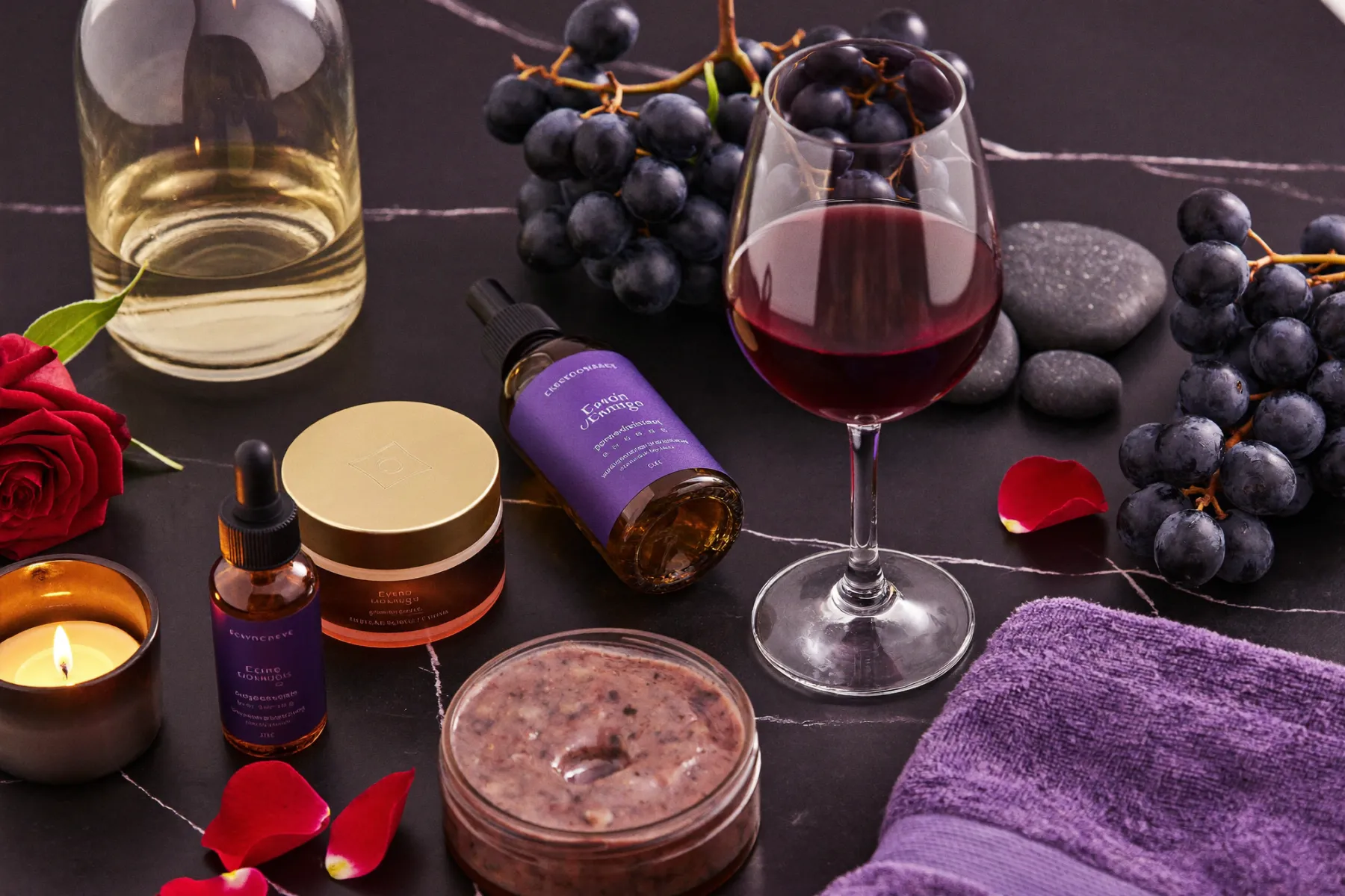 Composition de raisins, verre de vin et flacons de cosmétiques à base de vigne