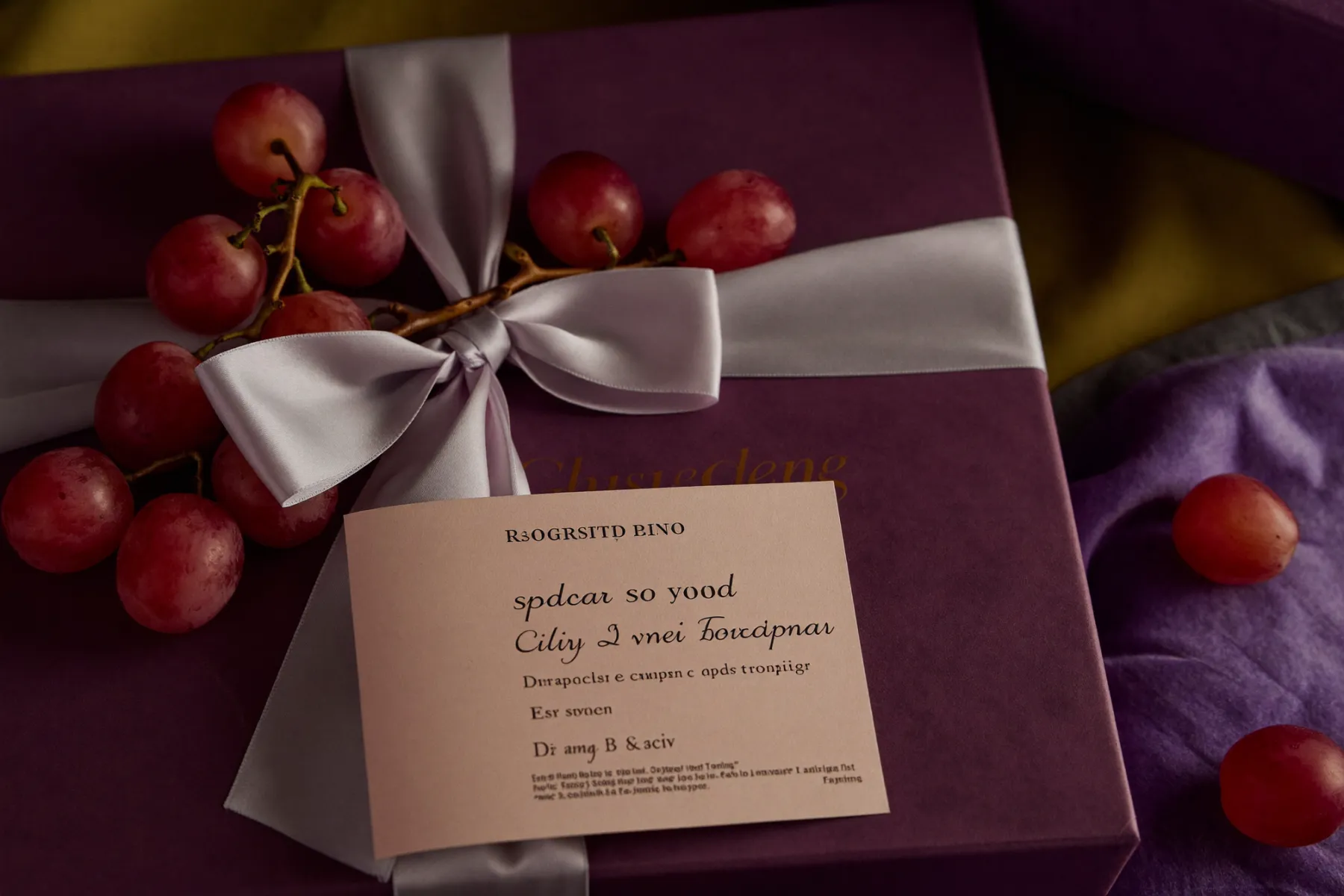 Coffret cadeau élégant avec ruban lilas, raisins et bon pour un soin de spa