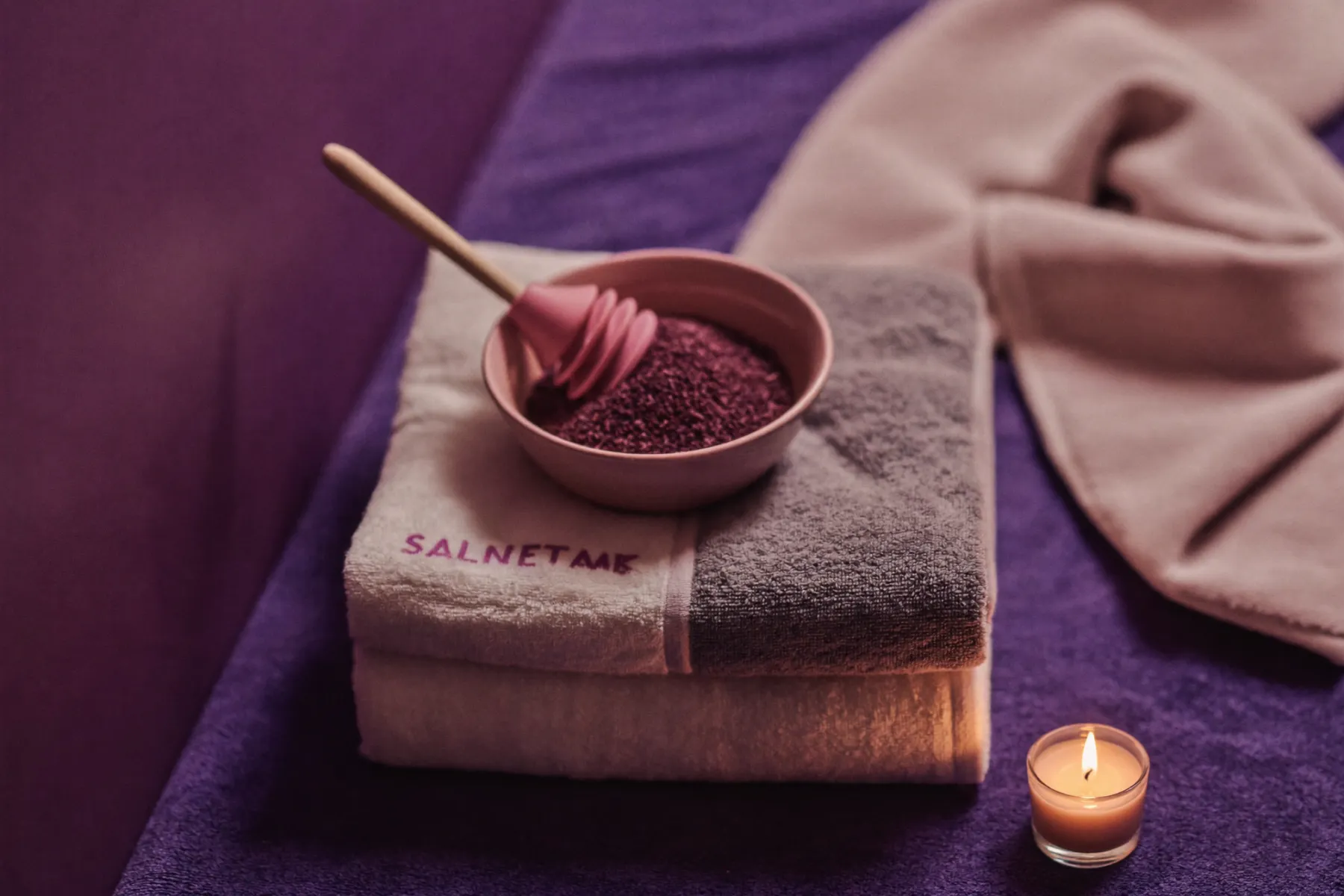 Détail de spa serein avec serviettes pliées, gommage au raisin, peignoir et bougie
