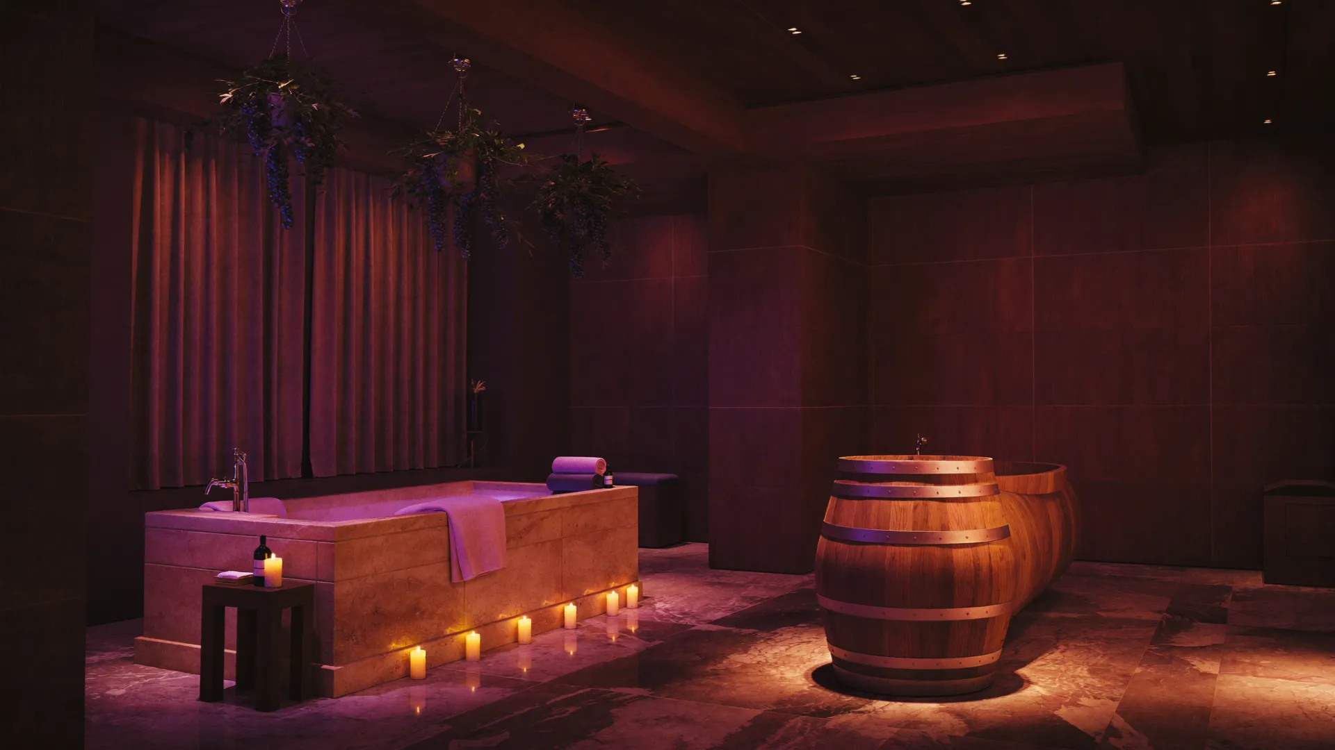 Intérieur élégant d'un wine spa, baignoire en pierre et tonneau de chêne