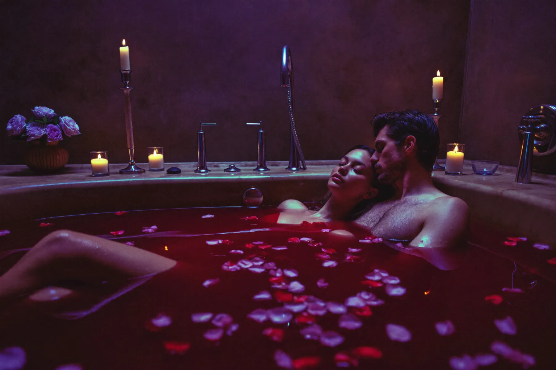 Couple détendu dans un bain de vin grenat aux chandelles dans un wine spa